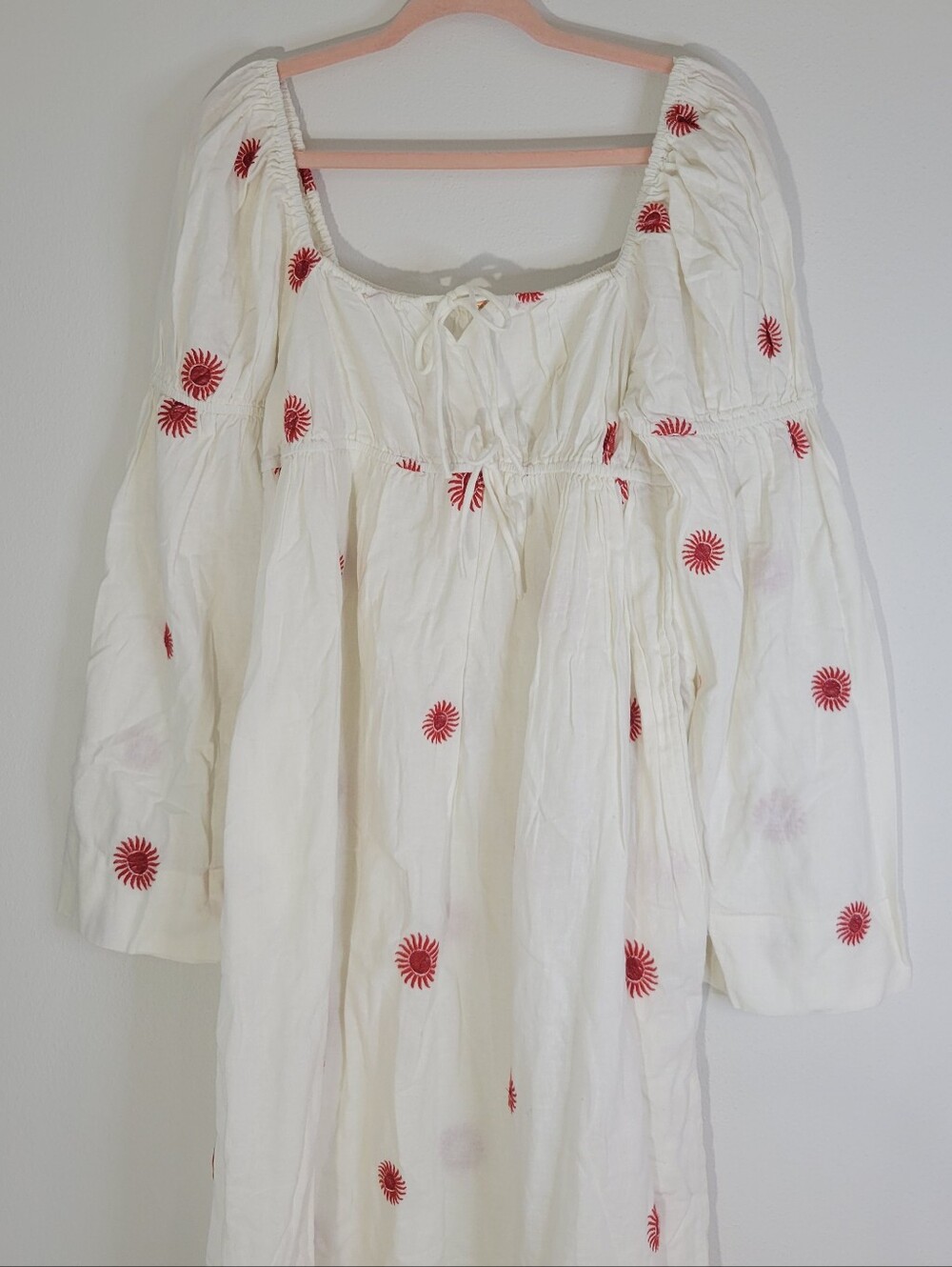 FREE PEOPLE WOMEN SIZE M White Midi Peasant Dress with Red Sunburst Embroidery - Picture 5 of 12